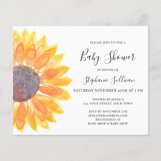 Budget Yellow Sunflower Baby shower Uitnodiging (Voorkant)