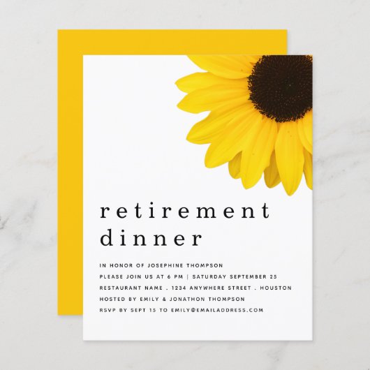 Budget Yellow Sunflower Retirement Dinner Invite (Voorkant / Achterkant)
