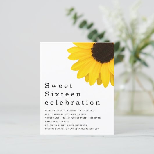 Budget Yellow Sunflower Sweet Sixteen Invite (Staand voorkant)