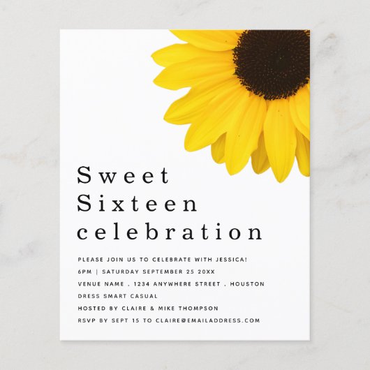Budget Yellow Sunflower Sweet Sixteen Invite (Voorkant)