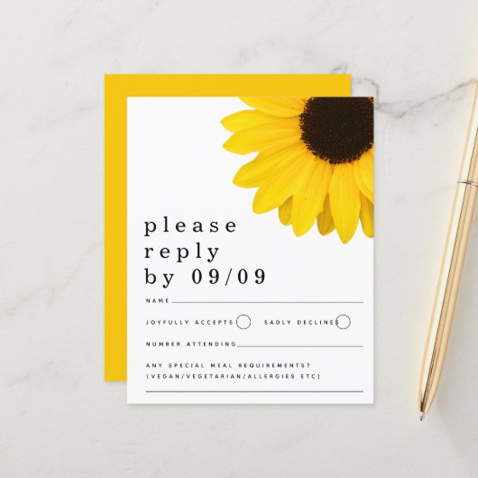 Budget Yellow Sunflower Wedding RSVP (Voorkant / Achterkant in situ)