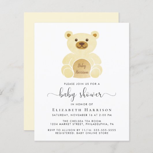 Budget Yellow Teddy Bear Baby shower Invitation (Voorkant / Achterkant)