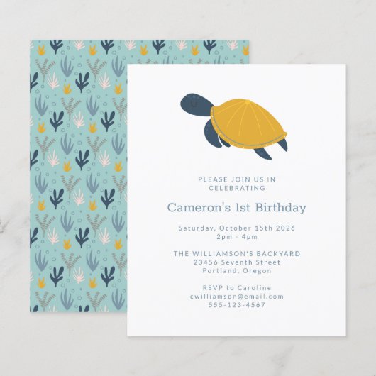 Budget Zee Turtle Simple 1st Birthday Uitnodiging (Voorkant / Achterkant)