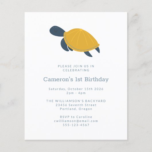 Budget Zee Turtle Simple 1st Birthday Uitnodiging (Voorkant)