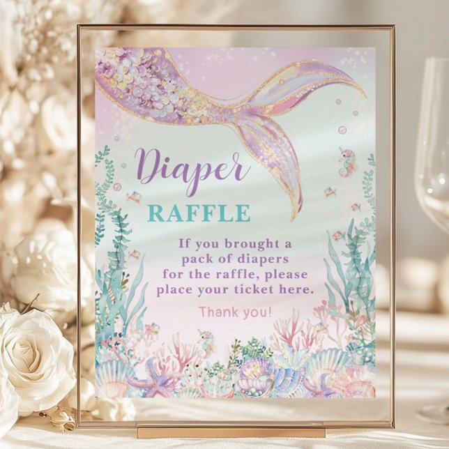 Budget Zeemeermin Baby shower Luier Raffle Sign (whimsical-ethereal-rainbow-under-the-sea-mermaid-tail-budget-cheap-diaper-raffle-sign-paper-sheet)