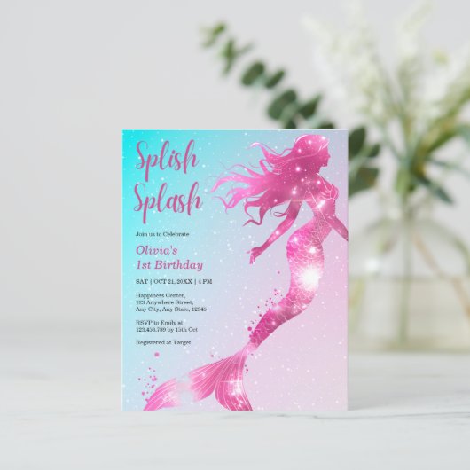Budget Zeemeermin Meisje 1e verjaardag Uitnodiging (Staand voorkant)