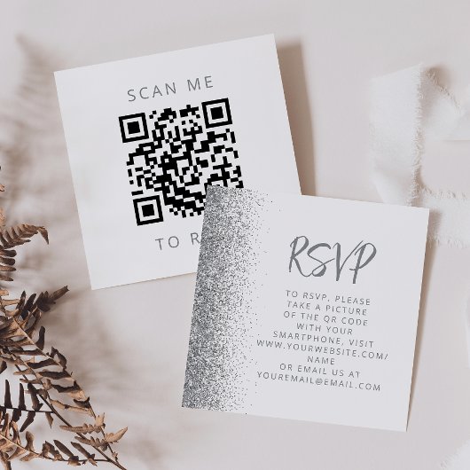 Budget Zilver Glitter Witte Trouw QR Code RSVP Informatiekaartje