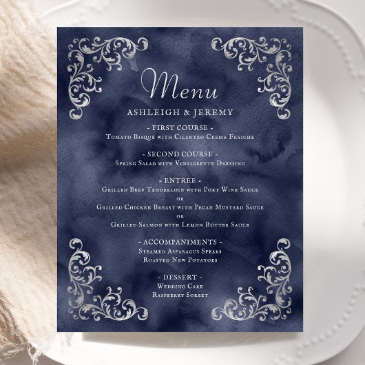 Budget Zilver Marine Blauw Vintage Bruiloft Menu
