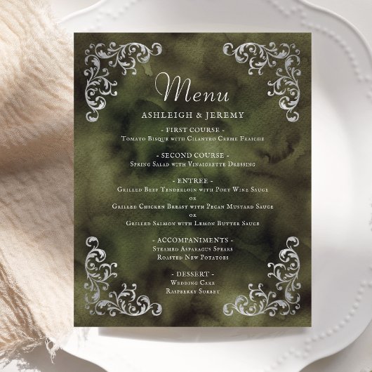 Budget Zilver Olijfgroen Vintage Wedding Menu