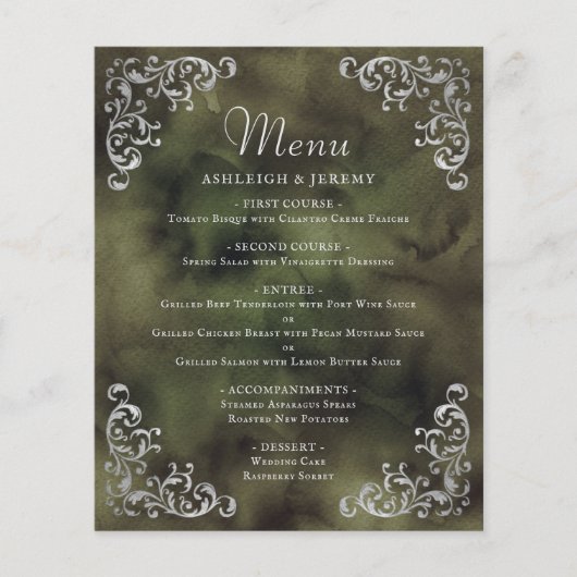 Budget Zilver Olijfgroen Vintage Wedding Menu (Voorkant)