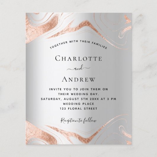 Budget zilver roos gouden marmer bruiloft uitnodig (Voorkant)