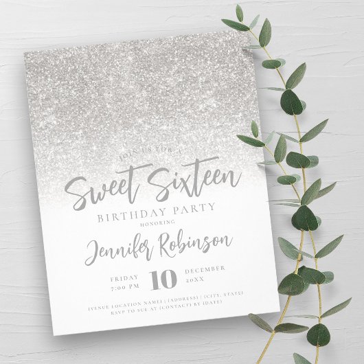 Budget zilver wit glitter zoet 16 uitnodigen flyer