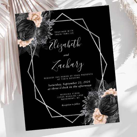 Budget Zilveren Frame Perzik Zwarte Bloemen Bruilo