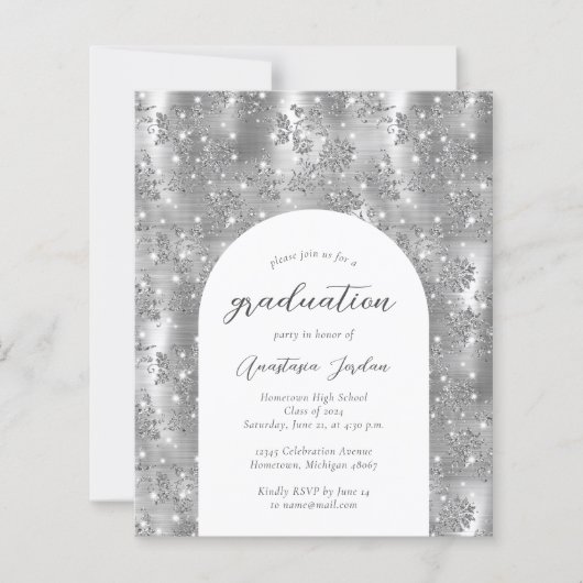 Budget Zilveren Glam Bloemenboog Afstuderen uitnod (Voorkant)