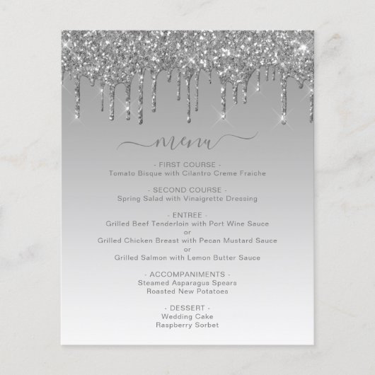 Budget Zilveren Glitter Drip Wedding Menu (Voorkant)