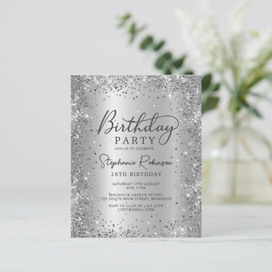 Budget Zilveren Glitter Metaal 16e Verjaardag Uitn (Staand voorkant)