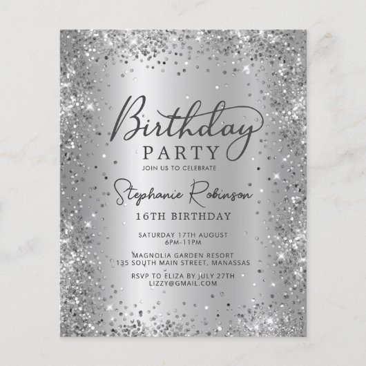 Budget Zilveren Glitter Metaal 16e Verjaardag Uitn (Voorkant)
