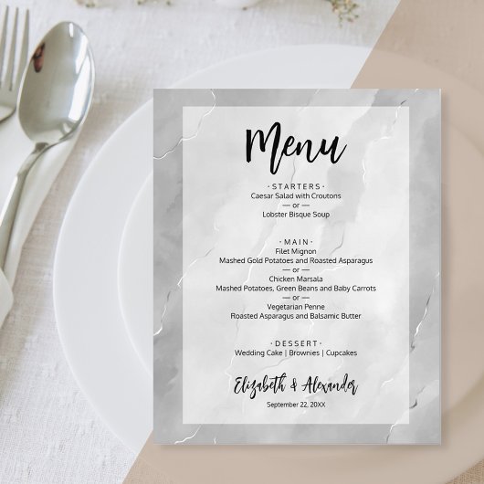 Budget Zilveren Grijs Marmeren Trouwmenu Flyer