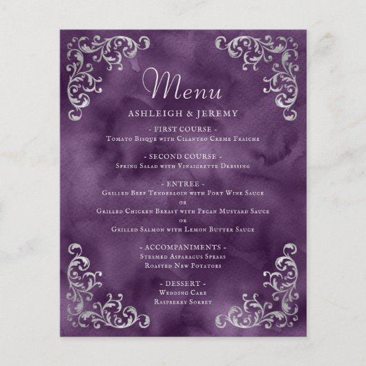 Budget Zilveren Paarse Vintage Wedding Menu (Voorkant)
