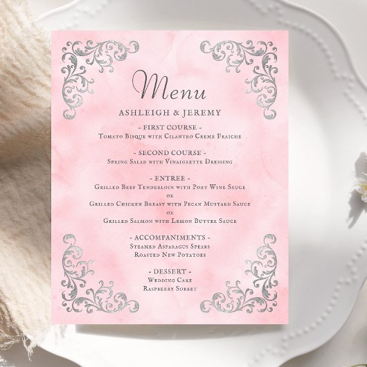 Budget Zilveren Roze Vintage Trouwmenu