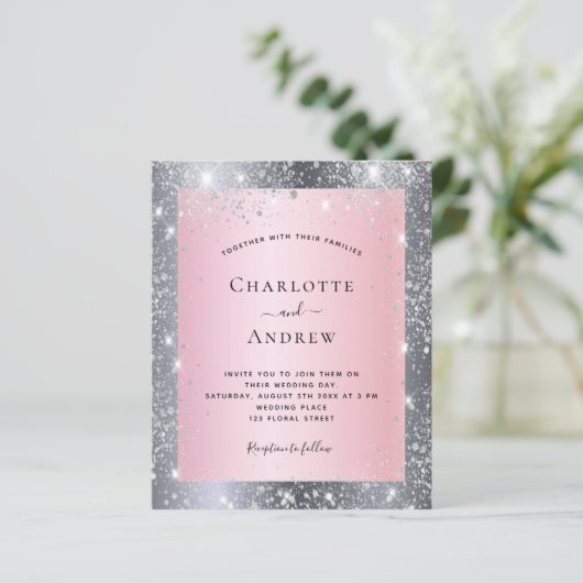 Budget zilverkleurige roze glitter elegant bruilof (Staand voorkant)