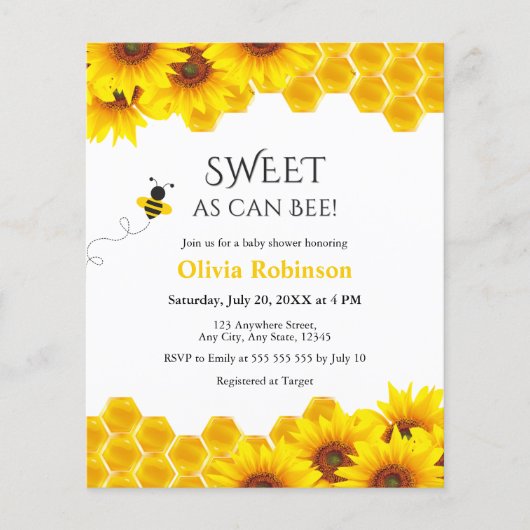 Budget Zoet als kan Bee Honey Baby shower Uitnodig (Voorkant)