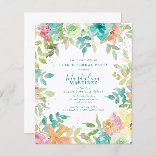 Budget Zomer Bloemen 18e Verjaardag Uitnodiging (Voorkant / Achterkant)