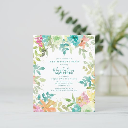 Budget Zomer Bloemen 19e Verjaardag Uitnodiging (Staand voorkant)