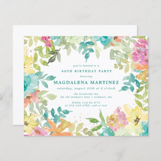 Budget Zomer Bloemen 60e Verjaardag Uitnodiging (Voorkant / Achterkant)