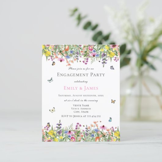 Budget Zomer Bloemen Engagement Party Uitnodiging (Staand voorkant)