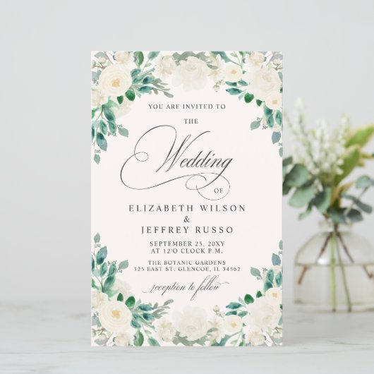 Budget zomer lente ivoor bloemen bruiloft uitnodig (Staand voorkant)