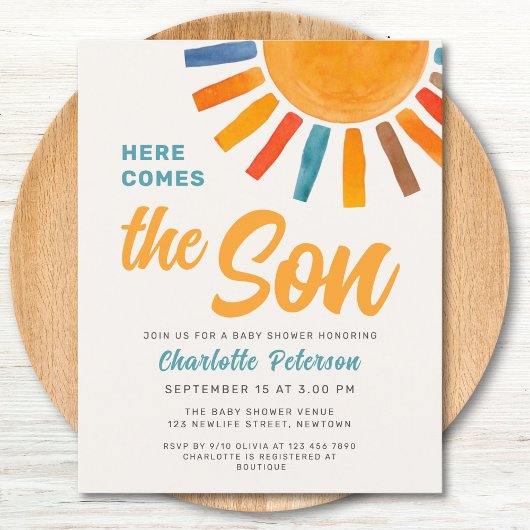 Budget Zon Hier Komt De Zoon Baby shower Uitnodige