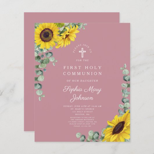 Budget Zonnebloem Eucalyptus Roze Eerste Communie (Voorkant / Achterkant)