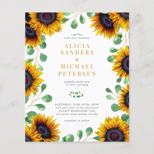 Budget zonnebloem eucalyptus trouwuitnodiging (Voorkant)