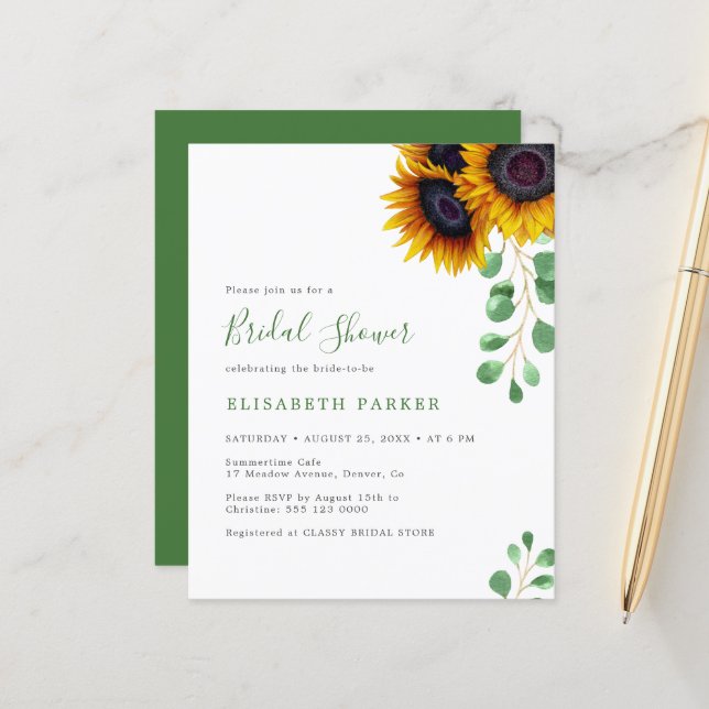 Budget zonnebloemen eucalyptus bruidsdouche uitnod (Voorkant / Achterkant in situ)