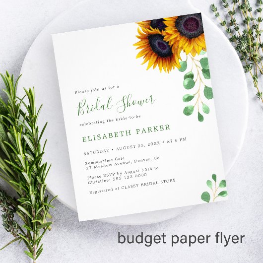 Budget zonnebloemen eucalyptus bruidsdouche uitnod flyer