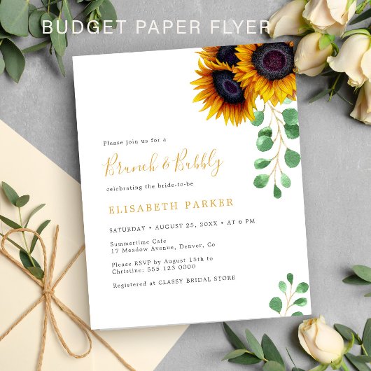 Budget zonnebloemen eucalyptus bruidsdouche uitnod flyer