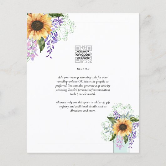 Budget Zonnebloemen Paarse Bloemige Trouw Uitnodig (Achterkant)
