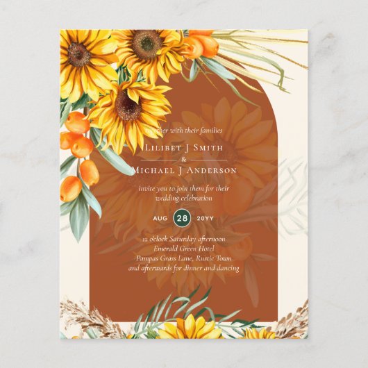 BUDGET Zonnebloemen Pampasgras Terracotta Bruiloft Flyer (Voorkant)
