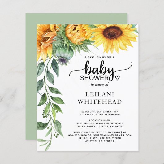 Budget zonnebloempitten Baby shower Waterverf (Voorkant / Achterkant)