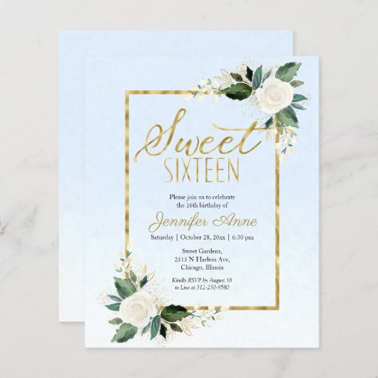 budget zuid 16 uitnodiging Floral op mosterdblauw (Voorkant / Achterkant)