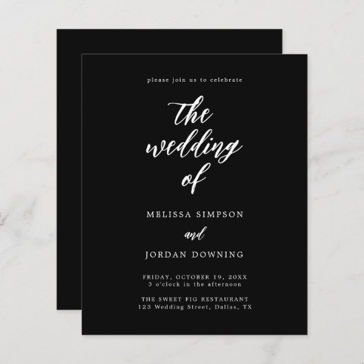 Budget Zwart Elegant Script bruiloft uitnodiging (Voorkant / Achterkant)