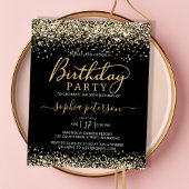 Budget Zwart en Goud Glitter Verjaardag Uitnodigin