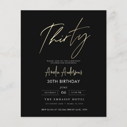 Budget Zwart en Goud Script 30e verjaardag Flyer (Voorkant)