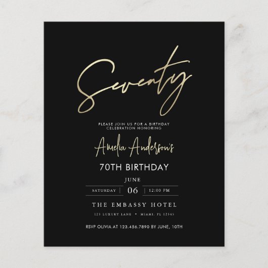 Budget Zwart en Goud Script 70e verjaardag Flyer (Voorkant)