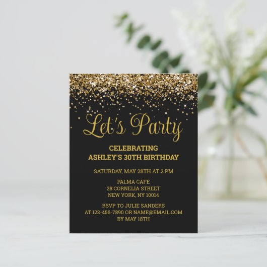 Budget Zwart & Goud 30e Verjaardagsfeest Uitnodigi (Staand voorkant)