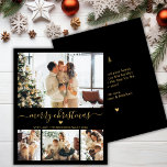 Budget Zwart Goud 4 Foto Collage Kerst Kaart<br><div class="desc">Budget Elegant Modern Zwart en Goud Hartschrift 4 Fotocollage Vrolijk Kerstscript Vakantie Dunne Kaart. Let op: dunner dan briefkaart! Deze feestelijke minimum vier (4) foto vakantie kaart sjabloon is voorzien van een foto collage, een beetje doodle hart en zegt Vrolijk kerstfeest! De "Merry Christmas" begroetingstekst is geschreven in een prachtig...</div>