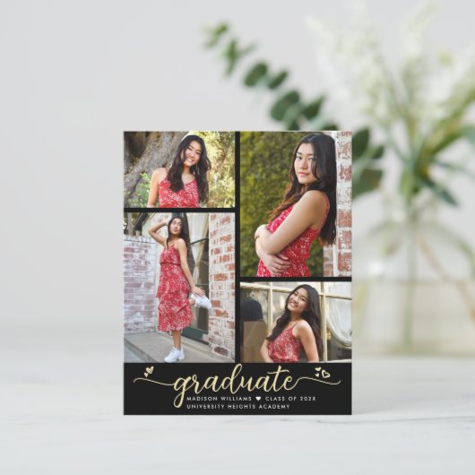 Budget Zwart Goud Afstuderen 4 Fotoscript Uitnodig (Staand voorkant)