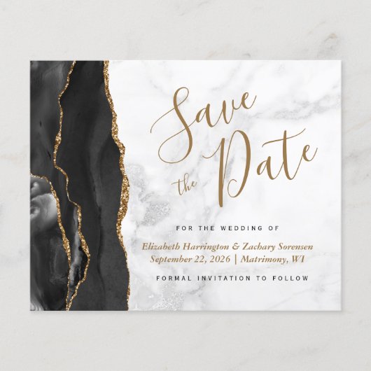 Budget Zwart Goud Agaat Grijs Marmer Save the Date (Voorkant)