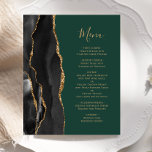 Budget Zwart Goud Agaat Groen Trouwmenu<br><div class="desc">De linkerrand van dit stijlvolle moderne huwelijksmenu heeft een zwarte waterverf agaatrand met faux gold glitter. De aanpasbare tekst combineert goudkleurig handschrift en koperplaat lettertypen op een donkere smaragdgroene achtergrond. De achterkant heeft een bijpassend zwart en goud agaat ontwerp.</div>